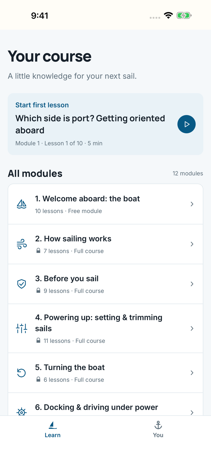 SailStarter iPhone app showing the first lesson and sailing course modules